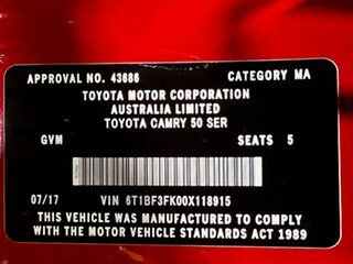 2017 Toyota Camry ASV50R Altise Red 6 Speed Sports Automatic Sedan